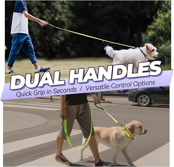VIVAGLORY Twingrip Dog Leash, Double Handle Dog Leash for Training & Walking with Traffic Handle & 2 Loop, Traffic Control Reflective Heavy Duty for Puppy Pet, 6ft x 1in, Bright Yellow