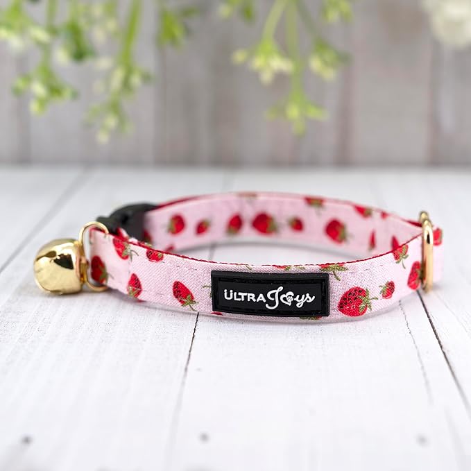 Ultra Joys Cat Collar with Bells - Breakaway for Cats, Boy & Girl Cat Collars Kitten Collar with Bell - Break Away Collar for Cats - Breakaway Cat Collar with Bowtie Strawberry Large