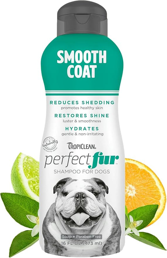 TropiClean Perfect Fur Deshedding Dog Shampoo for Breeds with Smooth Coats like Boxers, Bulldogs, Pointers, and Greyhounds, Natural Moisturizing Shampoo for Dry Flaky Skin, Puppy Safe, 16oz.