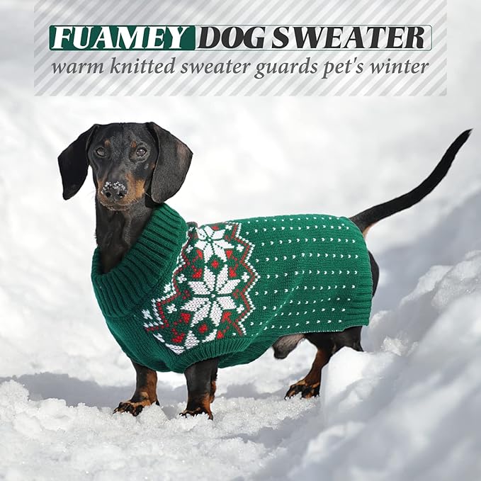 FUAMEY Dog Christamas Sweater, Warm Dog Sweater Classic Snowflake New Year Turtleneck Sweaters Knitwear Cold Weather Dogs Pullover for Small Medium Dogs Puppies & Cats Bulldogs Corgi with Leash Hole