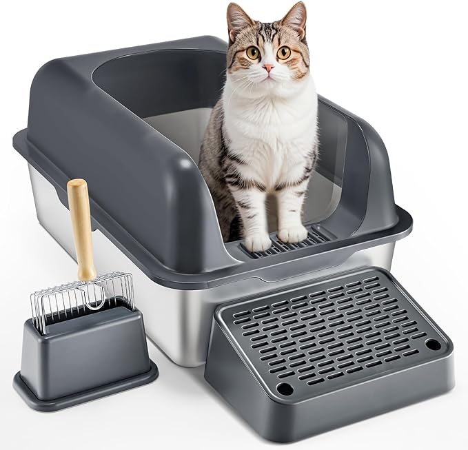 VEVOR Stainless Steel Cat Litter Box with Lid, XL Extra Large Enclosed Cat Box for Big Cats, High Sides Metal Litter Box, Anti Leakage,Odor-Free & Easy Cleaning,Include Scoop & Foot Board