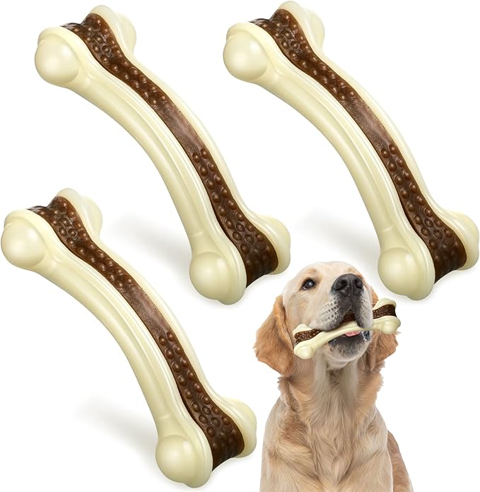 Sosation 3 Pack Chew Toys for Aggressive Chewers, Bone Toys Nylon Beef Flavor Dog Teething Toys for Large/Medium/Small Puppies Breeds(Large, Curved Bone)