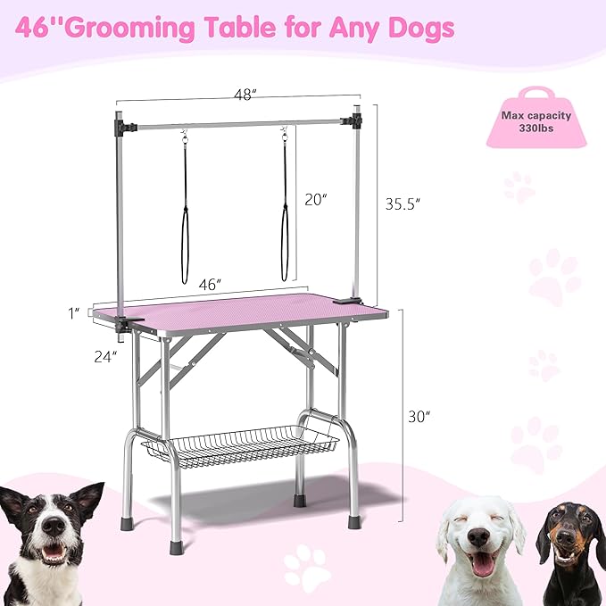 Lyromix Dog Grooming Table, Adjustable Large Pet Drying Desktop, Foldable Bathing Desk with Arms, Noose, Mesh Tray, Maximum Capacity Up to 330Lb