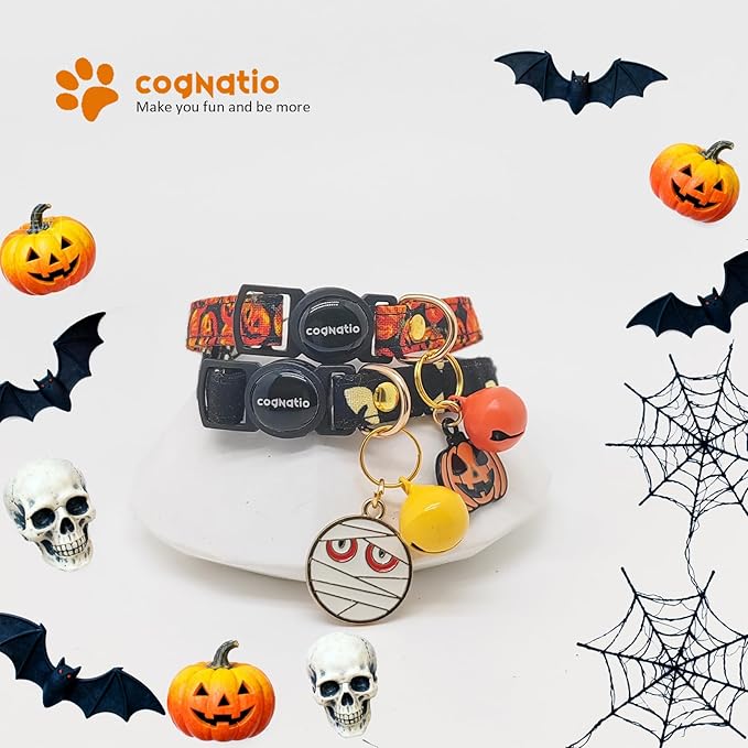 2 Pack Cotton Breakaway cat Collars with Bell,Safety Quick Release Pendant Cute Kitten Collar,Adjustable 20-30cm (Halloween3, 20-30cm)
