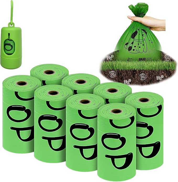 100% plant-based Dog Poop Bags Rolls, ASTM D6400 & EN 13432 Compliant, 120 Poop Bags including dispenser, 13 in × 9 in green poop bags for dogs, Super thick 100% leak proof