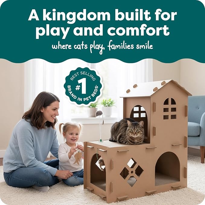 FurHaven Farmhouse Multi-Level Cardboard Cat House for Indoor Cats with Catnip & Toys, Double-Walled Corrugated Scratcher Designed for Lounging, Play & Comfort, One Size, Cardboard, Brown