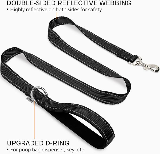 Joytale Double-Sided Reflective Dog Leash, 6 FT/5 FT/4 FT, Padded Handle Nylon Heavy Duty Leashes for Small & Medium Dogs Walking, Black, 5FT