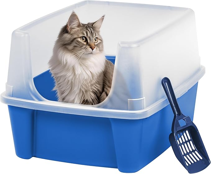 IRIS USA Large Cat Litter Box with Scatter Shield and Scoop, Open Top High Sided Cat Litter Pan, Blue