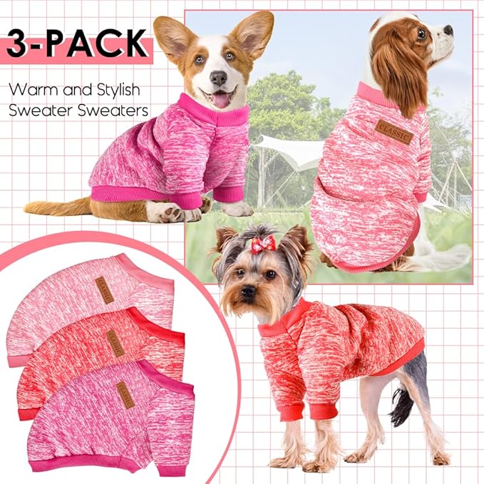 3 Pack Dog Sweaters for Small Dogs Girl Boy Winter Fleece Clothes Warm Soft Dog Sweatshirt Outfit for Dogs Cats Pet Apparel (Rose+Red+Pink, Large)