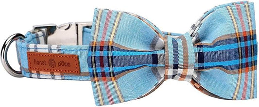 Lionet Paws Boy Dog Collar with Bowtie, Comfortable Adjustable Cute Blue Plaid Bow Tie Collar for Male Puppies and Cats Gift, XXS, Neck 7-11 inches