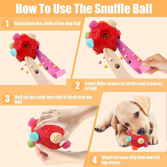 Dog Snuffle Ball-Interactive Puzzle Dog Toys Encourage Natural Foraging Skills Slow Feeder for Training and Stress Relief, Cloth Strip Hiding Food Chew Toys for Any Size Dogs