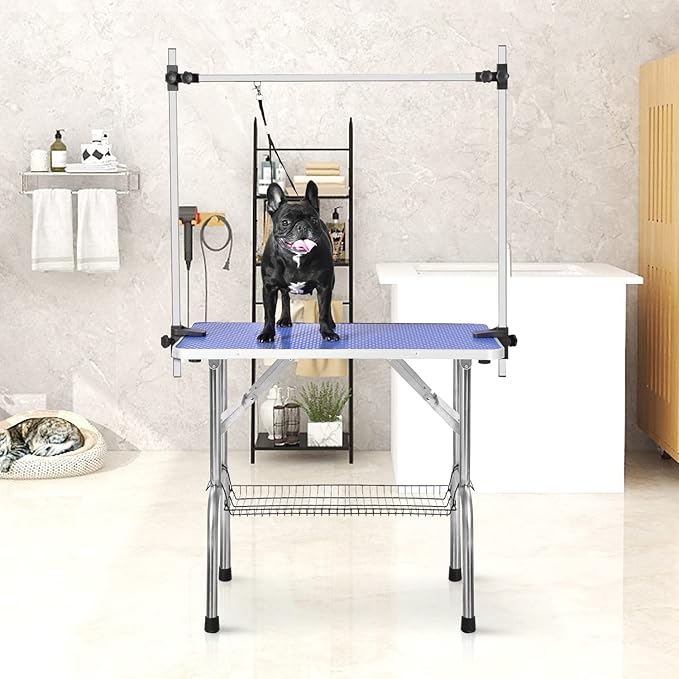SoarFlash Pet Dog Grooming Table Foldable,Heavy Duty Foldable Pet Grooming Table with Arm & Noose & Mesh Tray, Maximum Capacity Up to 330lbs, 46inch, Blue