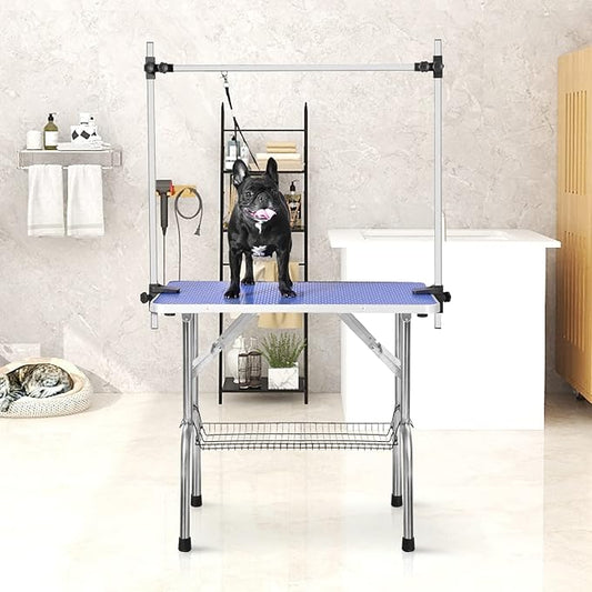 SoarFlash Pet Dog Grooming Table Foldable,Heavy Duty Foldable Pet Grooming Table with Arm & Noose & Mesh Tray, Maximum Capacity Up to 330lbs, 46inch, Blue