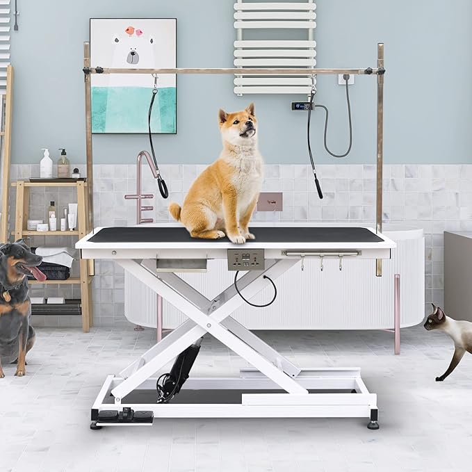 SoarFlash 49.6” Electric Lift Pet Dog Grooming Table,Heavy Duty Electric Grooming Table for Dogs&Cats,Heavy Duty Height Adjustable with Overhead Arm, Clamps, Two Grooming Noose
