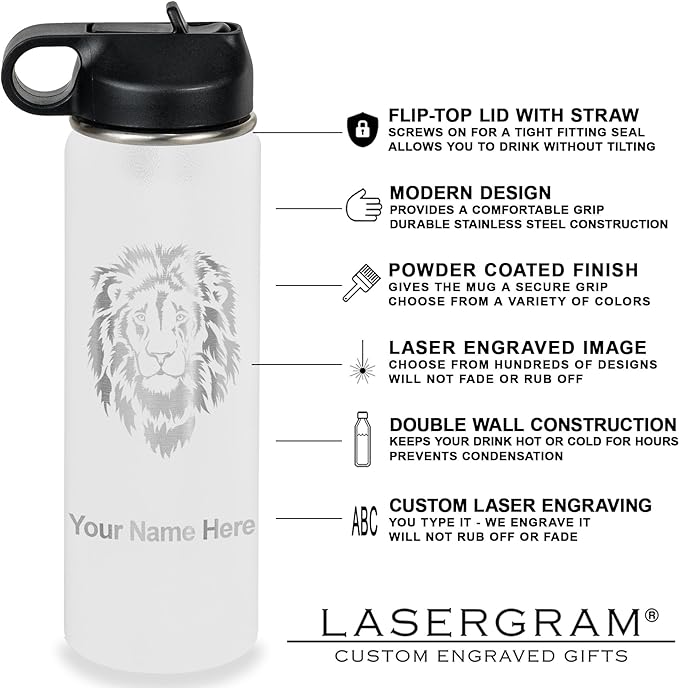 LaserGram Personalized Water Bottle, Cat with Butterfly, Stainless Steel Double Wall Vacuum Insulated with Flip Top Straw, Custom Engraved Gift (20oz / 590ml White)
