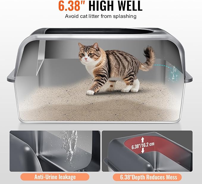 VEVOR Stainless Steel Cat Litter Box with Lid, XL Extra Large Enclosed Cat Box for Big Cats, High Sides Metal Litter Box, Anti Leakage,Odor-Free & Easy Cleaning,Include Scoop & Foot Board