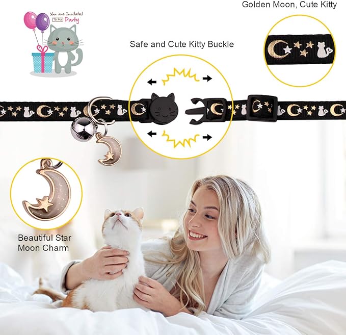 2PCS Breakaway Cat Collars with Bell Cute Kitty Glow in The Dark Adjustable Kitten Collars 7.9-13.0 Inch(Black&Pink)