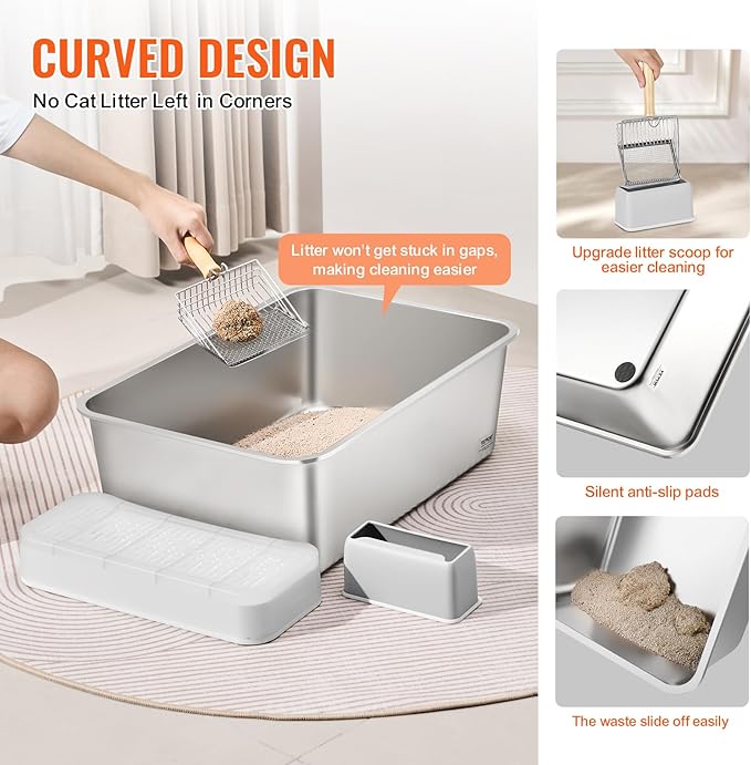VEVOR 8'' Deep Stainless Steel Cat Litter Box,3 Pack XL Extra Large Metal Cat Litter Box for Big Cats,Non Sticky,Odor-Free &Easy-to-Clean,Include Filtering Foot Board & Scoop