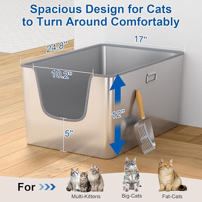 XXL Stainless Steel Cat Litter Box with High Side,No Sharp Edges for Big Cats,One-Piece Deep Metal Litter Box with Curved Low Entry,Anti-Leakage,Non-Sticky,Easy Cleaning(Side Entry)