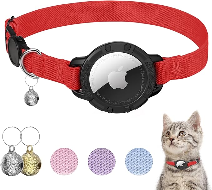 AirTag Cat Collars, Stretchy Collar with Apple AirTag Holder and Bell, Breakaway Ultra Design Elastic GPS Tracking Collars for Cats and Puppies, (7.5-12.5 Inch), Red
