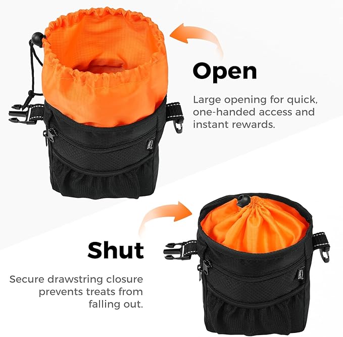 Aosbos Dog Treat Pouch with Built-in Poop Bag Dispenser & Easy-Clean Liner - Dog Training Treat Bag with Reflective Strap & Belt Clip, Black Orange
