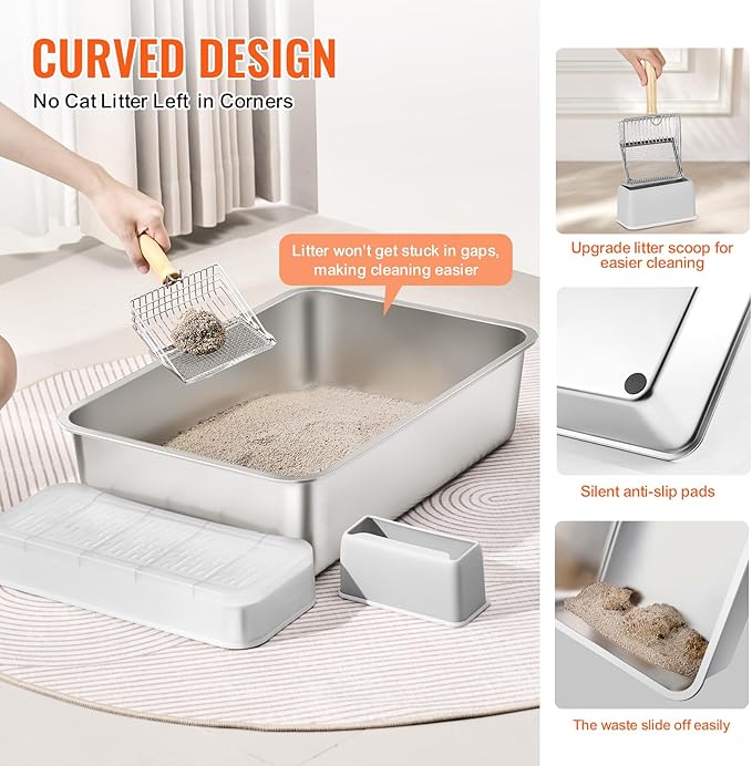 VEVOR 6'' Deep Stainless Steel Cat Litter Box,2 Pack XL Extra Large Metal Cat Litter Box for Big Cats,Non Sticky,Odor-Free &Easy-to-Clean,Include Filtering Foot Board & Scoop