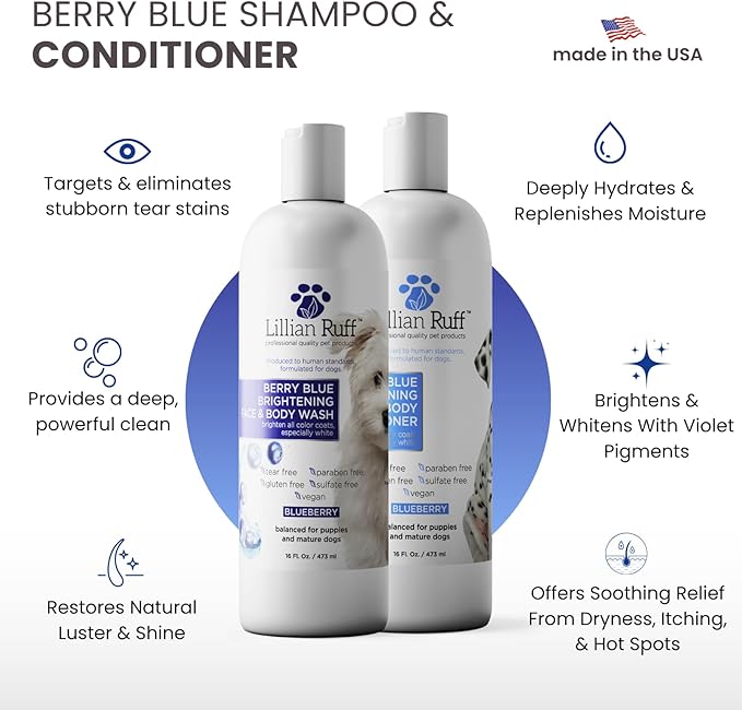 Lillian Ruff PRO Formula Berry Blue Brightening Dog Shampoo & Conditioner Set - Professional Show-Quality Whitening, Stain & Odor Eliminator, Hydrating Relief for Dry Skin, ProVitamin B5, USA Made
