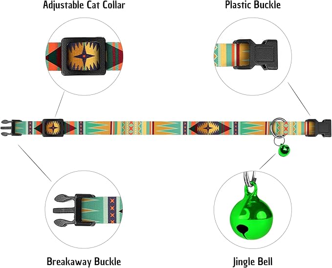 Cat Collars 2 Pack - Soft Cute Breakaway Collar with Bell, Adjustable Safety Kitten Collars for Girl & Boy Cats – Comfortable Stylish Patterned Print Lightweight (Serape + Native)