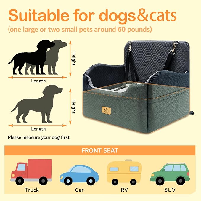 Thick High-Density Sponge Large Dog Car Seat, Comfortable Booster Seats for Large Dogs Under 65lbs,Travel Pet Beds in-Vehicle, Detachable and Washable Car Bed for Pets with 2 Adjustable Seatbelt