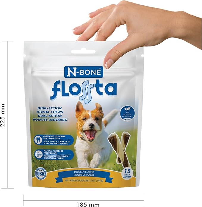 N-Bone FLOSSta Dental Chews for Dogs – Chicken Flavor, No Dyes, Grain-Free, Breath Freshening, Plaque & Tartar Control, Digestible Teething Aid – 6.4 oz Bag, Made in USA
