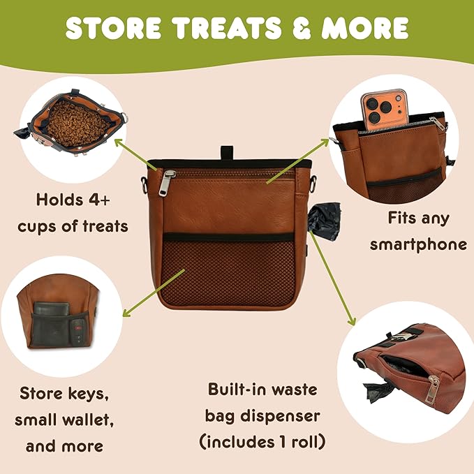 Large Dog Treat Pouch PU Leather with Clicker, Magnetic Clasp, Fits All Phones, 4 Cups, Hands-Free Pouches for Dog Training Treat Pouch, Built in Poop Bag Holder