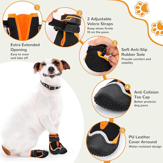 Dog Shoes for Hot Pavement,Dog Boots & Paw Protectors for Large Medium Size Dogs to Prevent Licking,Dog Booties with Reflective for Outdoor,Hiking,Hardwood Floors,Winter Snow(Black Orange,Size4)