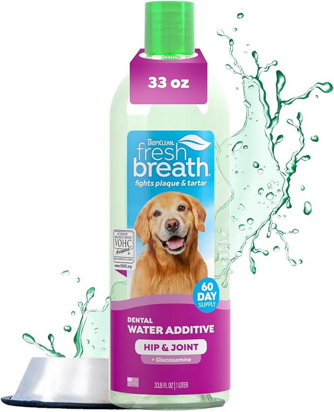 TropiClean Fresh Breath Water Additive for Dogs with Glucosamine, Hip and Joint Support for Dogs, Breath Freshener & Teeth Cleaning Solution, 33.8oz.