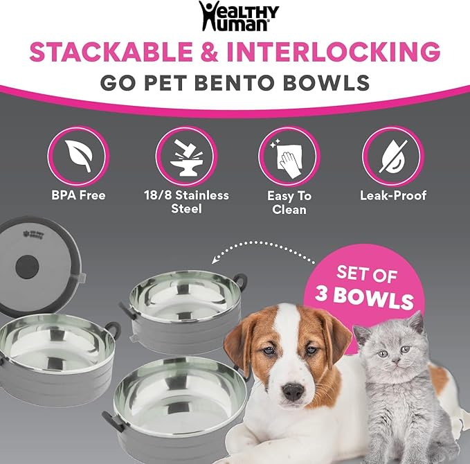 Healthy Human Travel Pet Bento Bowls - Human-Grade Stainless Steel & BPA-Free, Leak-Proof Water & Food Container Set for Dogs & Cats, 4-Pack Interlocking Bowls, Includes Spare Clips & Handle (Gray)