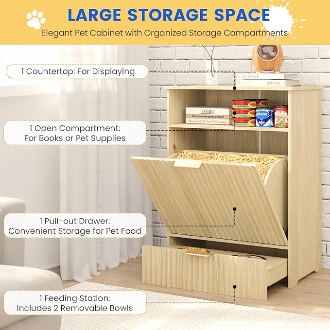 Erinnyees Dog Feeding Station, Dog Food Storage Container with Raised Bowls, Pet Feeder Station Food Cabinet for Toy Feeding Watering Supplies, Natural