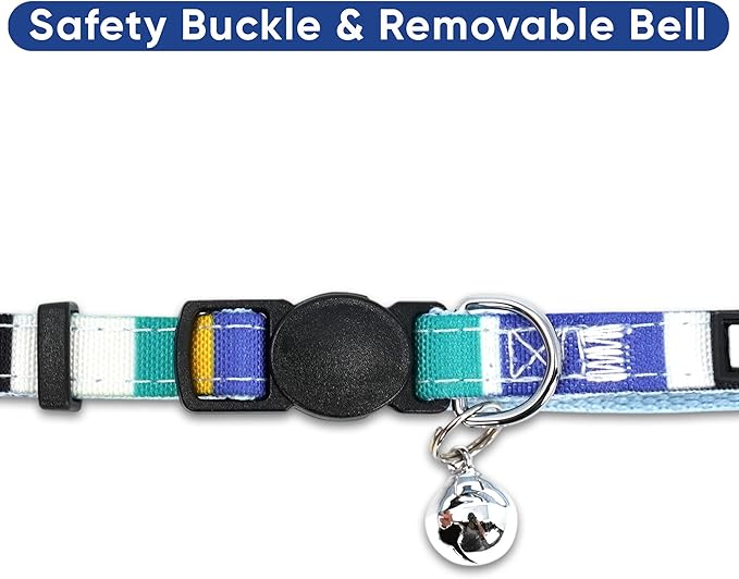 Pawtitas Personalized Cat Collar with Safety Buckle and Removable Bell - Multicolor, Adjustable, Customized Cat Collar - Blue/Teal/Yellow