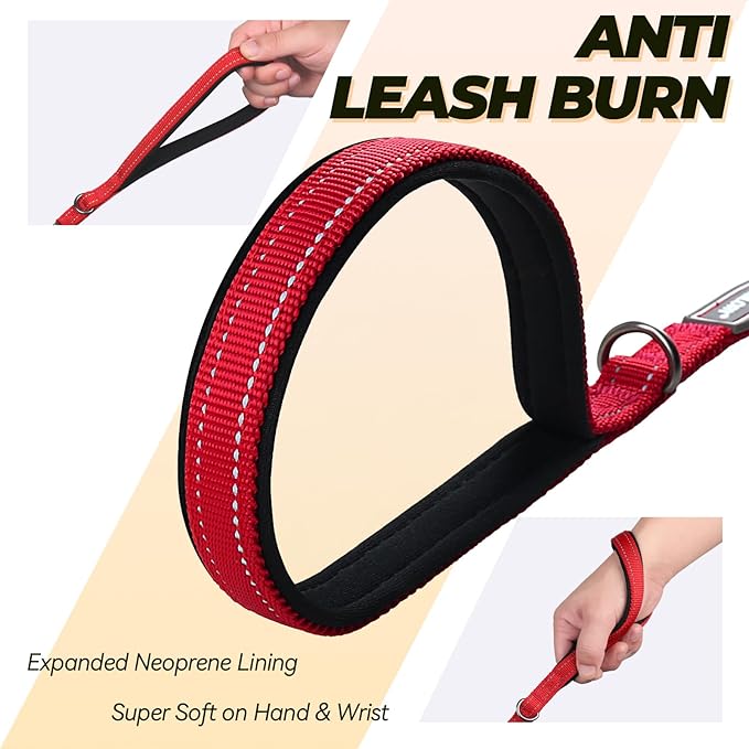 VIVAGLORY Twingrip Dog Leash, Double Handle Dog Leash for Training & Walking with Traffic Handle & 2 Loop, Traffic Control Reflective Heavy Duty for Puppy Pet, 5ft x 1/2in, Red