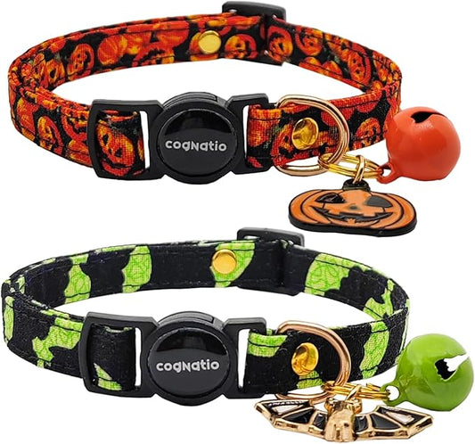 2 Pack Cotton Breakaway cat Collars with Bell,Safety Quick Release Pendant Cute Kitten Collar,Adjustable 20-30cm (Halloween1, 20-30cm)