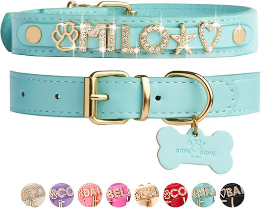 Paws Paws Miami Custom Dog Collar for Extra Large Dogs, Personalized with Name in Gold-Plated Cubic Zirconia Initials and Charm Jewels Leather Collars, Turquoise