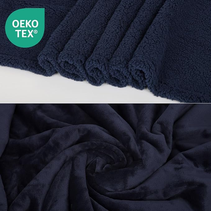 Waterproof Dog Blanket for Large Dogs - Reversible Washable Pet Blanket, Soft Sherpa Fleece Furniture Protector, Cat Throw Bed Couch, Navy, 60"x80"