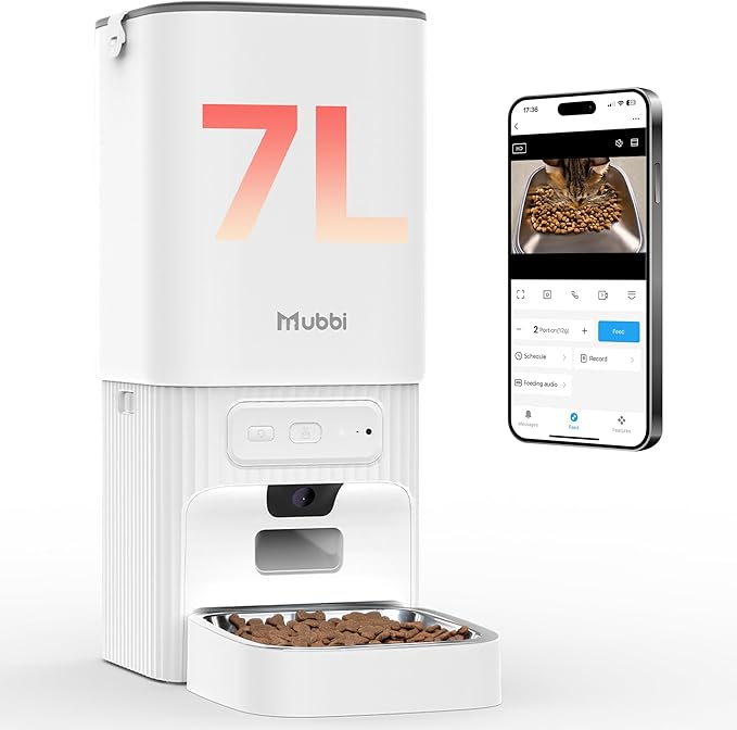 Automatic Cat Feeder with Camera, 5G WiFi Automatic Dog Feeder, 7L Cat Food Dispenser with Night Vision, 1-15 Meals, 1-99 Portions, 2-Way Audio, Jam Free, Ideal for Multiple Pets