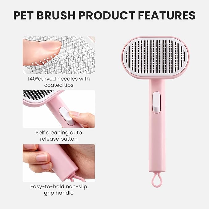 Pet Grooming Brush for Cats and Dogs, Self-Cleaning Comb with Soft Massage Bristles, Comfortable Grip Handle, Easy Hair Removal, Suitable for Long and Short Hair Pets, Pink