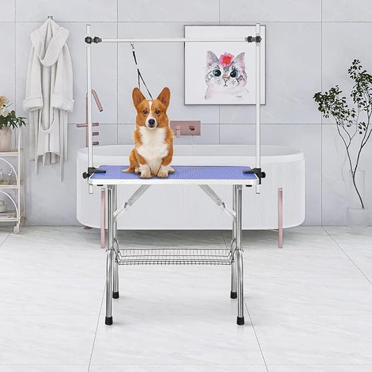 SoarFlash Pet Dog Grooming Table Foldable,Heavy Duty Foldable Pet Grooming Table with Arm & Noose & Mesh Tray, Maximum Capacity Up to 330lbs, 42inch, Blue