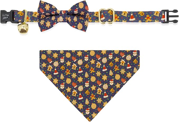 Ultra Joys Cat Collar with Bells - Breakaway for Kittens & Cats - Break Away Collar with Bandana and Bowtie Gingerbread Man Large