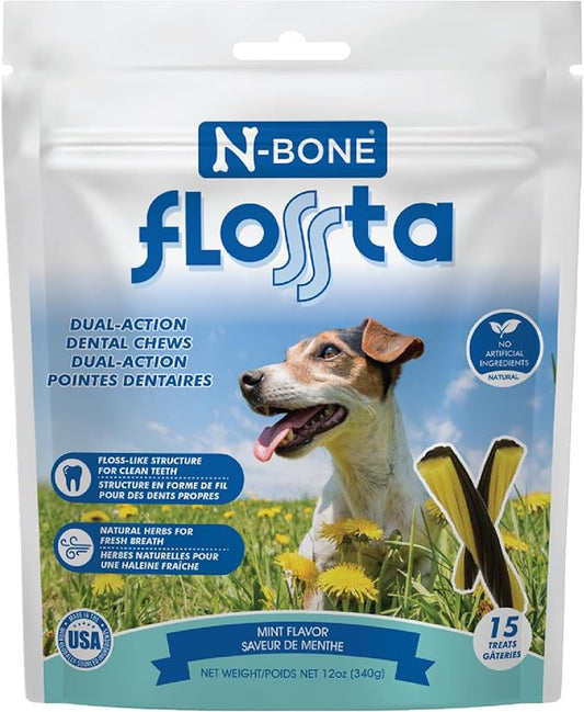 N-Bone FLOSSta Dental Chews for Dogs – Mint Flavor, No Dyes, Grain-Free, Breath Freshening, Plaque & Tartar Control, Digestible Teething Aid – 12 oz Bag, Made in USA