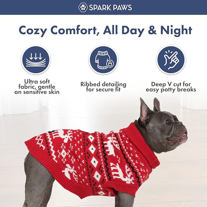 Spark Paws Christmas Dog Sweater – Ultra Soft Holiday Knit Sweater for Small, Medium & Large Dogs, Cute Pet Sweater for French Bulldogs & Big Dogs, Easy Potty V Cut Design Jacket - (Dasher Red,2XL)