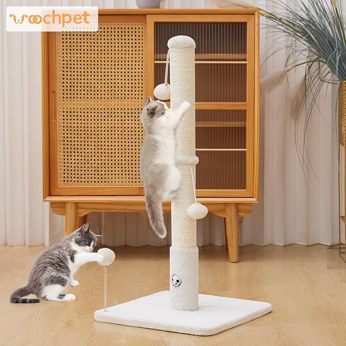 Cat Scratching Posts 33" for Adults Cats, Cat Scratcher with Soft Fabric Covering Base and Durable Sisal Rope, Scratcher with Fun Mouse Hole and Cat Toy for Tall Cats (White)