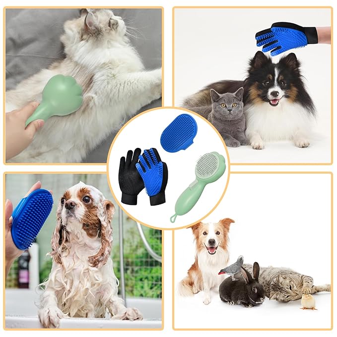 GJEASE Cat Grooming Glove Brush,Self-Cleaning Slicker Pet Brush for Short and Long Haired Pets,Dog Bath Brush for Shedding and Grooming,Removes Loose Hair and Tangles,Promote Circulation