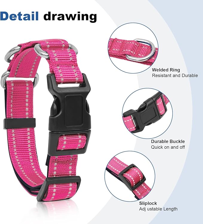 Reflective Martingale Dog Collars. Dog Collar with Quick Release Buckle. Adjustable Soft Padded Breathable Nylon Pet Collar Suitable for Puppies for Small Medium Large Dogs.