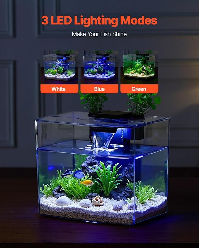VEVOR Fish Tank Aquarium, 3.5 Gallon Arch Ultra-Clear GPPS Starter Smart Tank Adjustable 3 Color Lighting, Self Cleaning System Fishbowl for Freshwater & Saltwater Fish Home, Office, or Pet Use